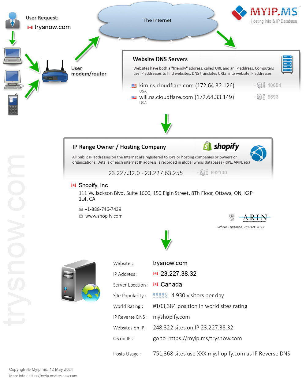Trysnow.com - Website Hosting Visual IP Diagram